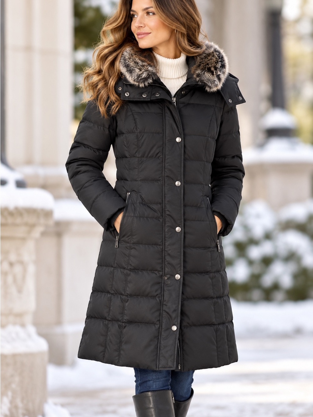 London Fog Women’s XXS Black Down Puffer Coat Long Faux Fur Collar Hooded